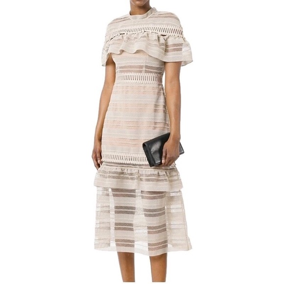 Lace Nude Midi Tier Short Sleeve Ruffle Cape Dress - Picture 5 of 7